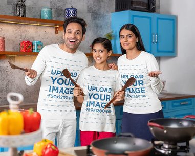 Scott International and Bella Canvas Mockup of a Family in a Kitchen Wearing a T-Shirt and Long-Sleeve Tees m41129