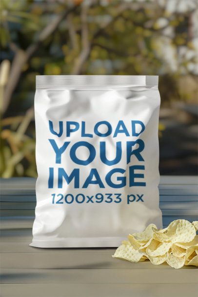 Print Mockup Featuring an AI-Created Chip Bag With Chips in a Corner
