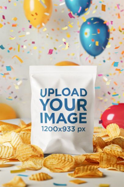 Birthday-Themed Mockup Featuring an AI-Created Chip Bag Surrounded by Chips m50242