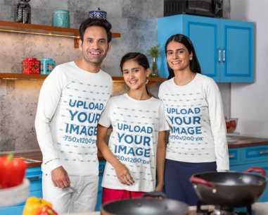 Bella Canvas Long Sleeve Tee and Scott International T-Shirt Mockup Featuring a Smiling Family in a Kitchen