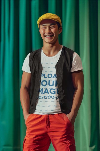 T-Shirt Mockup Featuring an AI-Created Cheerful Man Inspired by a Popular Child Character