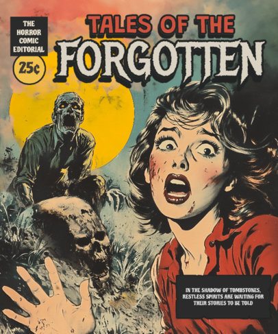 T-Shirt Design Template Featuring a Terror-Themed Comic and a Vintage Aesthetic