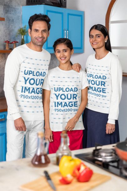 Bella Canvas and Scott International Mockup Featuring a Family Wearing Long-Sleeve Tees and a T-Shirt in a Kitchen