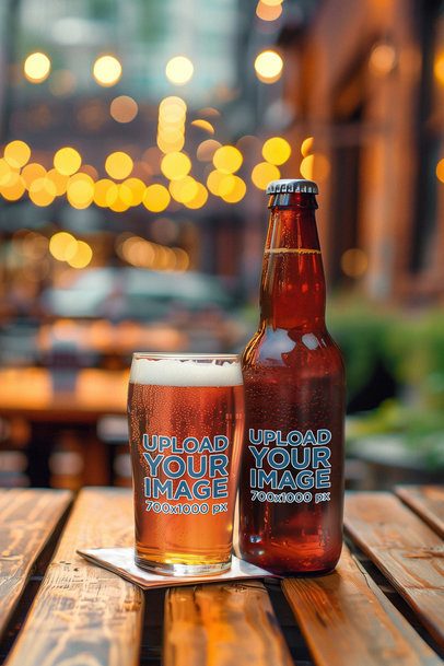 Mockup of an AI-Generated Amber Bottle and a Glass Filled With Beer