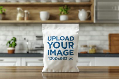 Chip Bag Mockup Featuring an AI-Generated Kitchen Setting