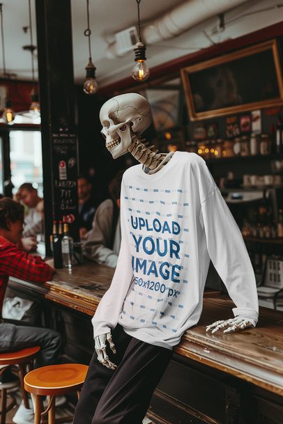 Sweatshirt Mockup of an AI-Generated Skeleton Standing in a Bar m50410