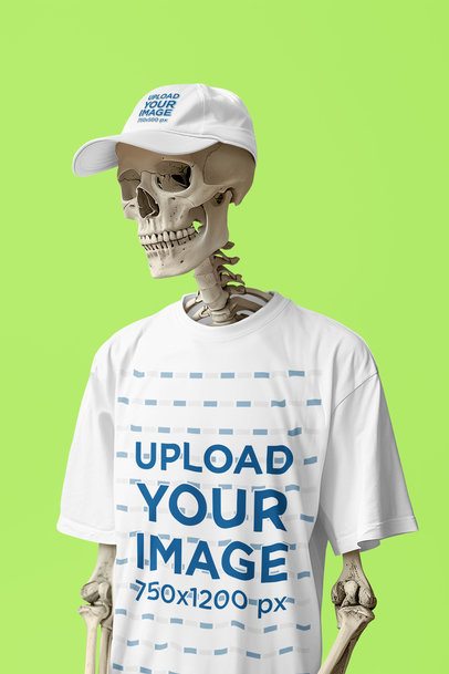 Dad Hat and T-Shirt Mockup of an AI-Generated Skeleton Posing for Spooky Season