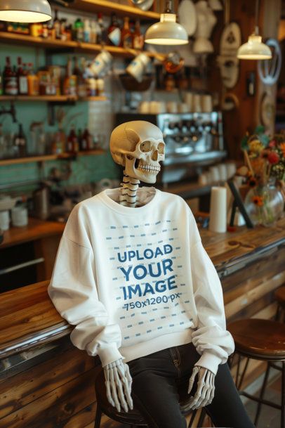 Sweatshirt Mockup Featuring an AI-Generated Skeleton Sitting in a Bar m50418
