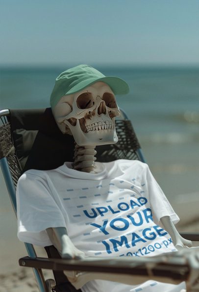 Halloween Mockup of an AI-Generated Skeleton in a T-Shirt Resting on a Beach Chair m50440