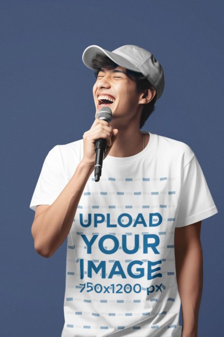 Round-Neck T-Shirt Mockup of an AI-Generated Man Singing in a Studio