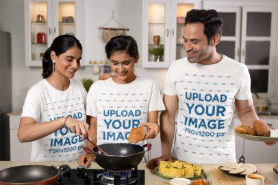 Scott International Tee Mockup Featuring a Happy Family Cooking a Delicious Meal