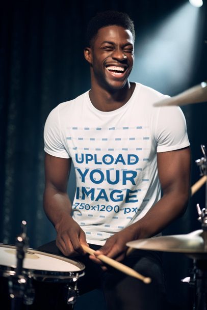 T-Shirt Mockup Featuring an AI-Created Cheerful Man Playing the Drums