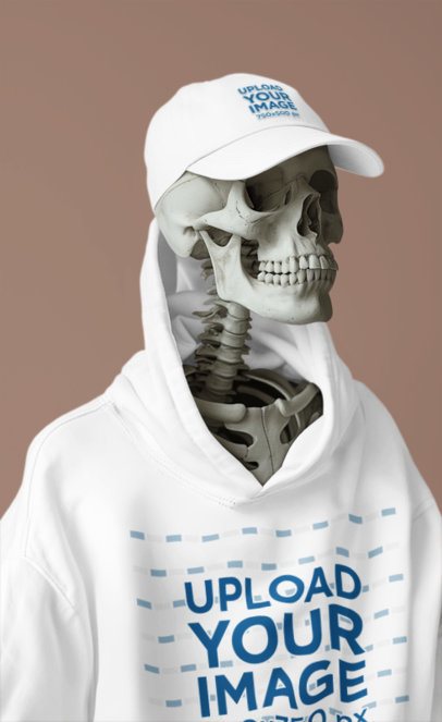 Pullover Hoodie Mockup of an AI-Generated Skeleton With a Dad Hat in a Studio m50415