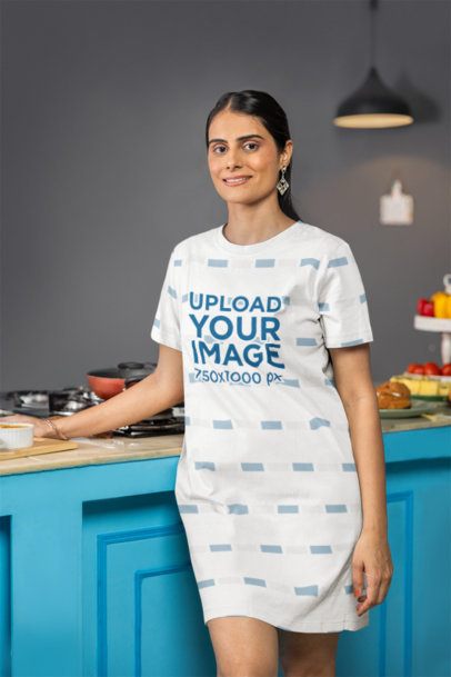 T-Shirt Dress Mockup of a Smiling Woman Posing in a Nice Kitchen m41142