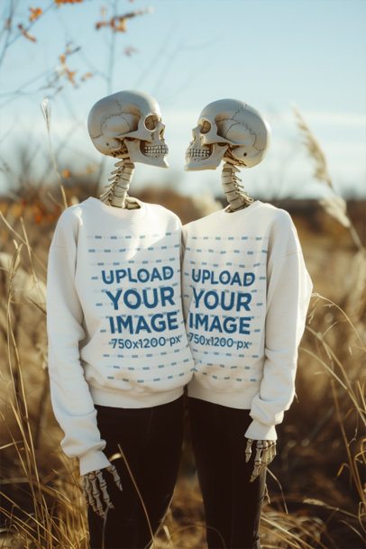 AI-Generated Mockup of Two Skeletons Wearing Crewneck Sweatshirts in a Natural Landscape m50421