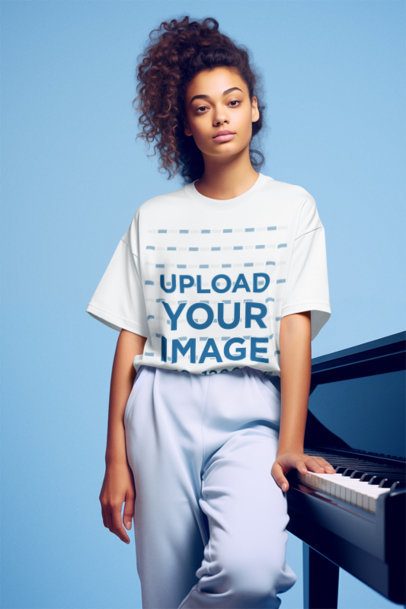 T-Shirt Mockup Featuring an AI-Created Woman Posing Near a Piano