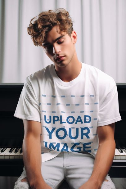 T-Shirt Mockup of an AI-Generated Serious Man Sitting Against a Piano