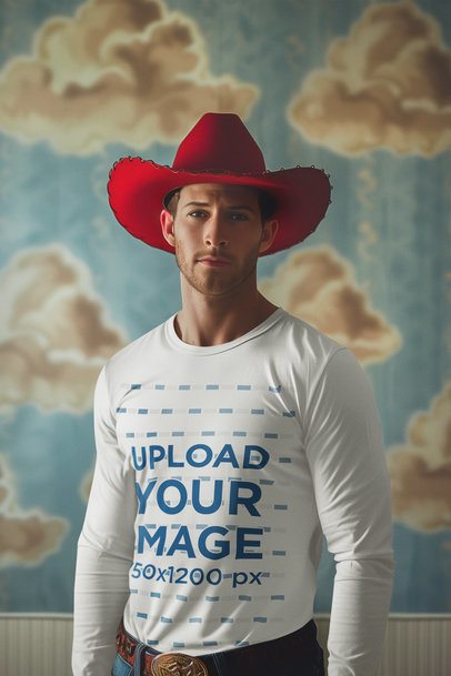 Long-Sleeve T-Shirt Mockup Featuring an AI-Created Man With an Outfit Inspired by a Cowboy Toy Movie m41197