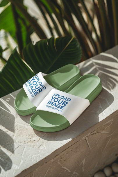 Mockup of a Pair of AI-Generated Sandals Placed on a Stone Surface
