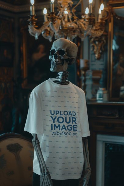 T-Shirt Mockup of an AI-Created Skeleton Standing in a Spooky House m50429
