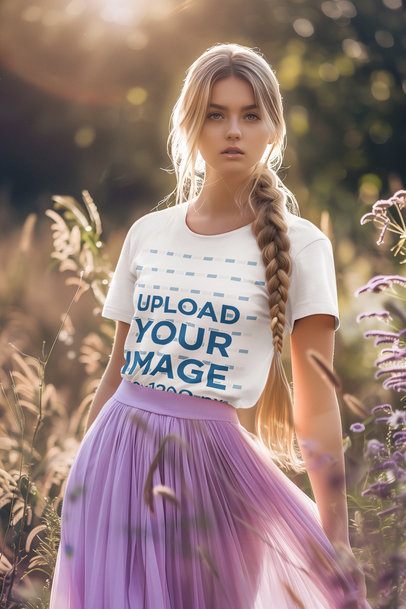Round-Neck Tee Mockup of an AI-Generated Woman With a Long Braid Inspired by a Princess