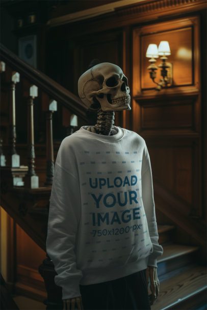 Sweatshirt Mockup Featuring a Creepy AI-Created Skeleton in a Haunted House m50433