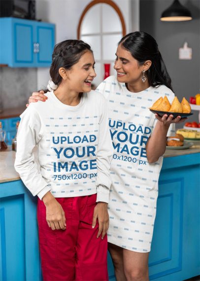 Bella Canvas Long-Sleeve Tee and T-Shirt Dress Mockup of a Happy Woman and a Teen Girl With Snacks