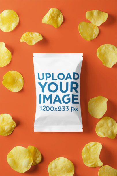 Chip Bag Mockup Featuring AI-Created Chips Lying on a Colorful Background