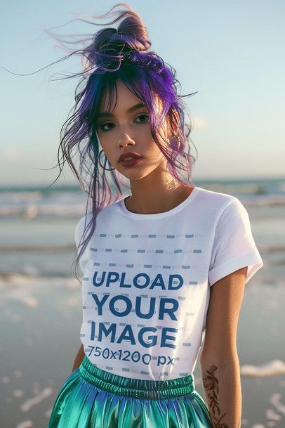 T-Shirt Mockup of an AI-Generated Woman Posing on a Beach With a Mermaid-Inspired Look