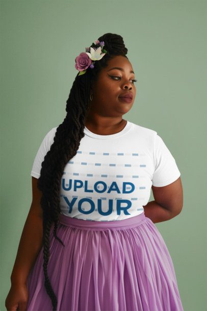 Round-Neck T-Shirt Mockup Featuring an AI-Created Woman With a Hairstyle Inspired by a Princess m41203