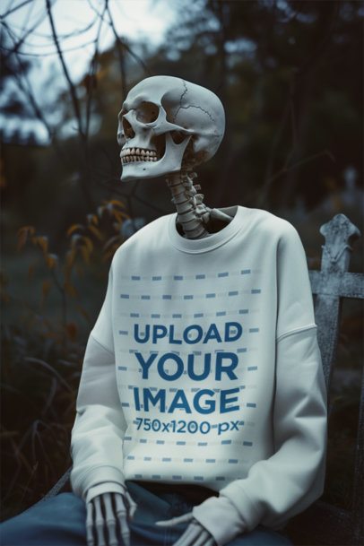 AI-Created Mockup of a Skeleton Wearing a Round-Neck Sweatshirt