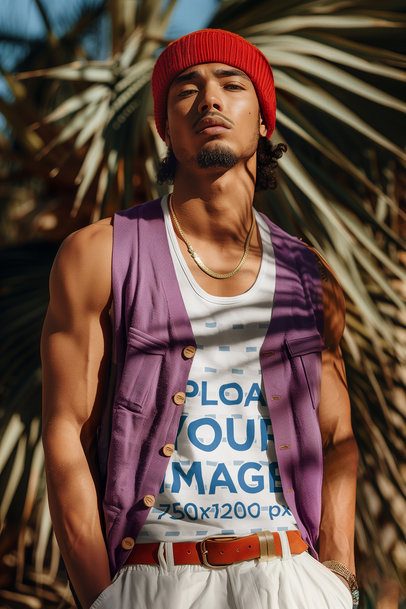 Tank Top Mockup Featuring an AI-Created Man Inspired by a Popular Thief Story Character m41037