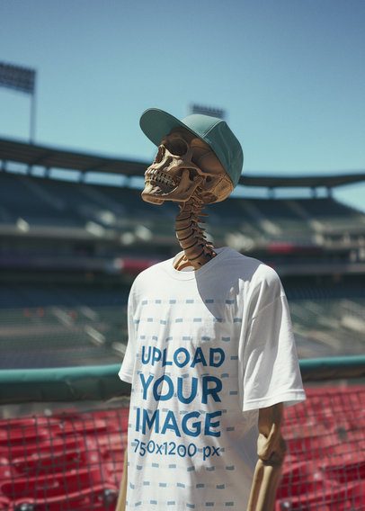 Spooky-Themed Mockup of an AI-Created Skeleton Wearing a T-Shirt in a Baseball Stadium m50425