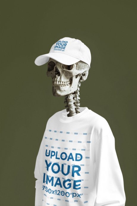 Dad Hat Mockup Featuring an AI-Created Spooky Skeleton in a Crewneck Sweatshirt