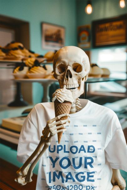 T-Shirt Mockup of an AI-Generated Spooky Skeleton Eating Ice Cream m50423