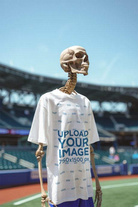 T-Shirt Mockup Featuring an AI-Created Creepy Skeleton in a Baseball Stadium