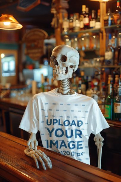 Halloween Mockup of a Spooky AI-Generated Skeleton in a Round-Neck Tee Posing in a Bar