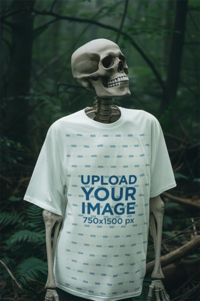 T-Shirt Mockup Featuring an AI-Created Spooky Skeleton Walking in a Haunting Forest m50435