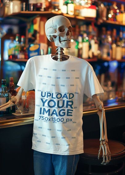 Round-Neck Tee Mockup Featuring an AI-Created Spooky Skeleton Standing in a Bar m50422