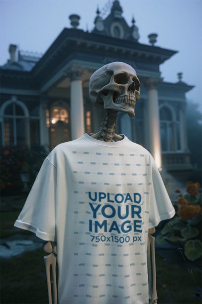 T-Shirt Mockup of an AI-Generated Creepy Skeleton Standing Outside a Haunted Mansion m50432