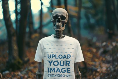 T-Shirt Mockup Featuring a Creepy AI-Created Skeleton Standing in a Forest m50427