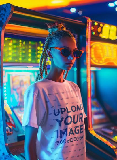 Round-Neck T-Shirt Mockup Featuring an AI-Created Woman With Braids in an Arcade