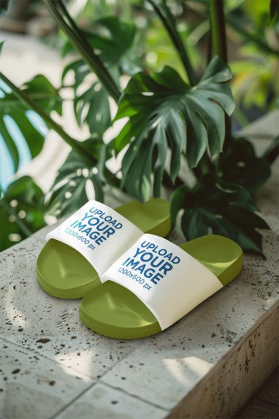 Sandals Mockup Featuring an AI-Created Stone Surface With Plants