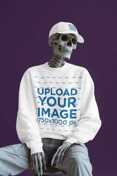 Sweatshirt Mockup of an AI-Generated Skeleton Wearing a Dad Hat in a Studio