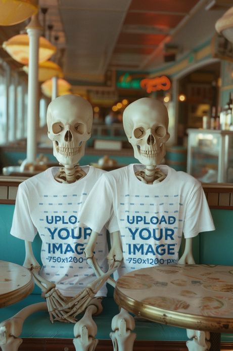 Mockup Featuring Two Skeletons Generated by AI Wearing Rounded-Neck T-Shirts