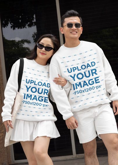 Mockup Featuring a Smiling Man and a Woman in Matching Sweatshirts