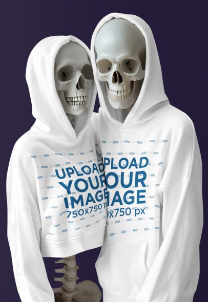 Halloween-Themed Mockup of Two Skeletons Generated by AI Wearing Hoodies