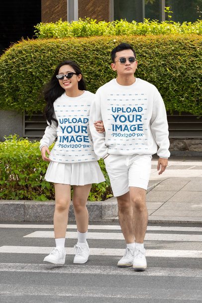 Crewneck Sweatshirt Mockup of a Man and a Woman Crossing the Street Together