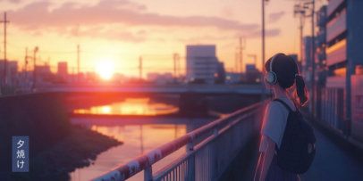 Desk Mat Design Template Featuring a City Landscape Inspired by an Anime Style 7033c