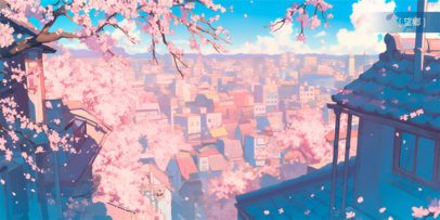Anime-Themed Desk Mat Design Maker Featuring a City With Pink Trees 7034d